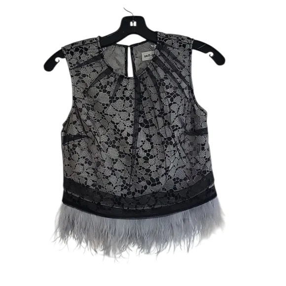 Self-Portrait Lace Tulle Overlay Top With Gray Feather Trim Size 4